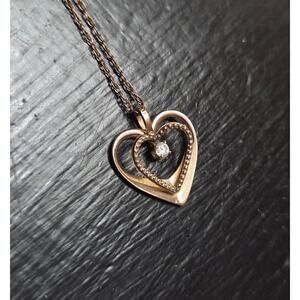 Vintage 14K GF Heart Diamond Pendant Necklace PPC 3d Raised Double Heart